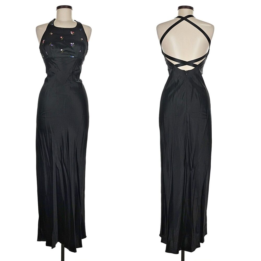 Vintage 90s Y2K Rampage Black Satin Maxi Dress Floral Prom Size 7
